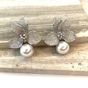 NEW ~ Anthropologie SHASHI Pave Crystal Flower & Pearl Earrings
